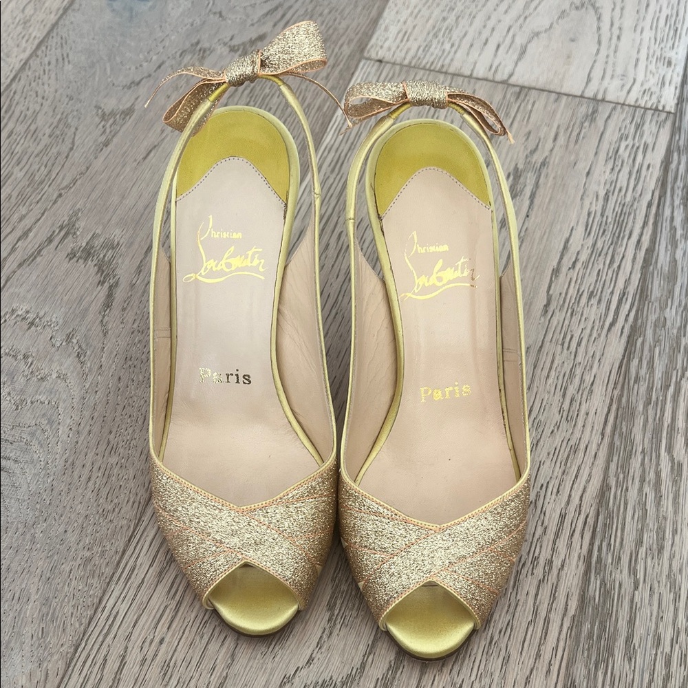 Christian Louboutin Gold Peep-Toe Heels with Bow